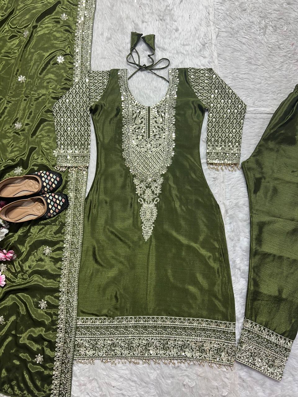Deep Moss Satin Embellished Set